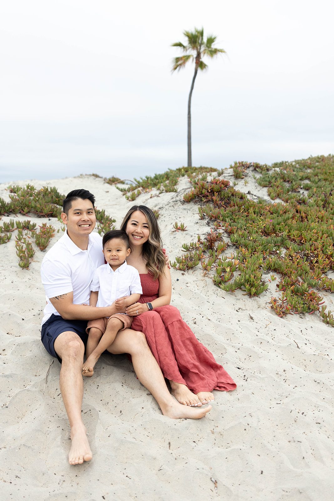 Parents sitting in the dunes holding their baby during a San Diego beach family session
