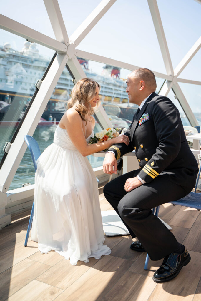 Couple at Ketch Brewing at San Diego harbor after their elopement.