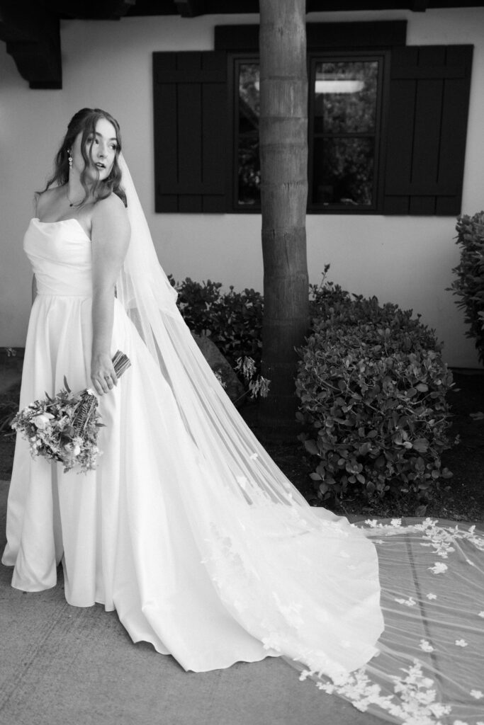 San Diego Bride looks over shoulder for bridal portraits