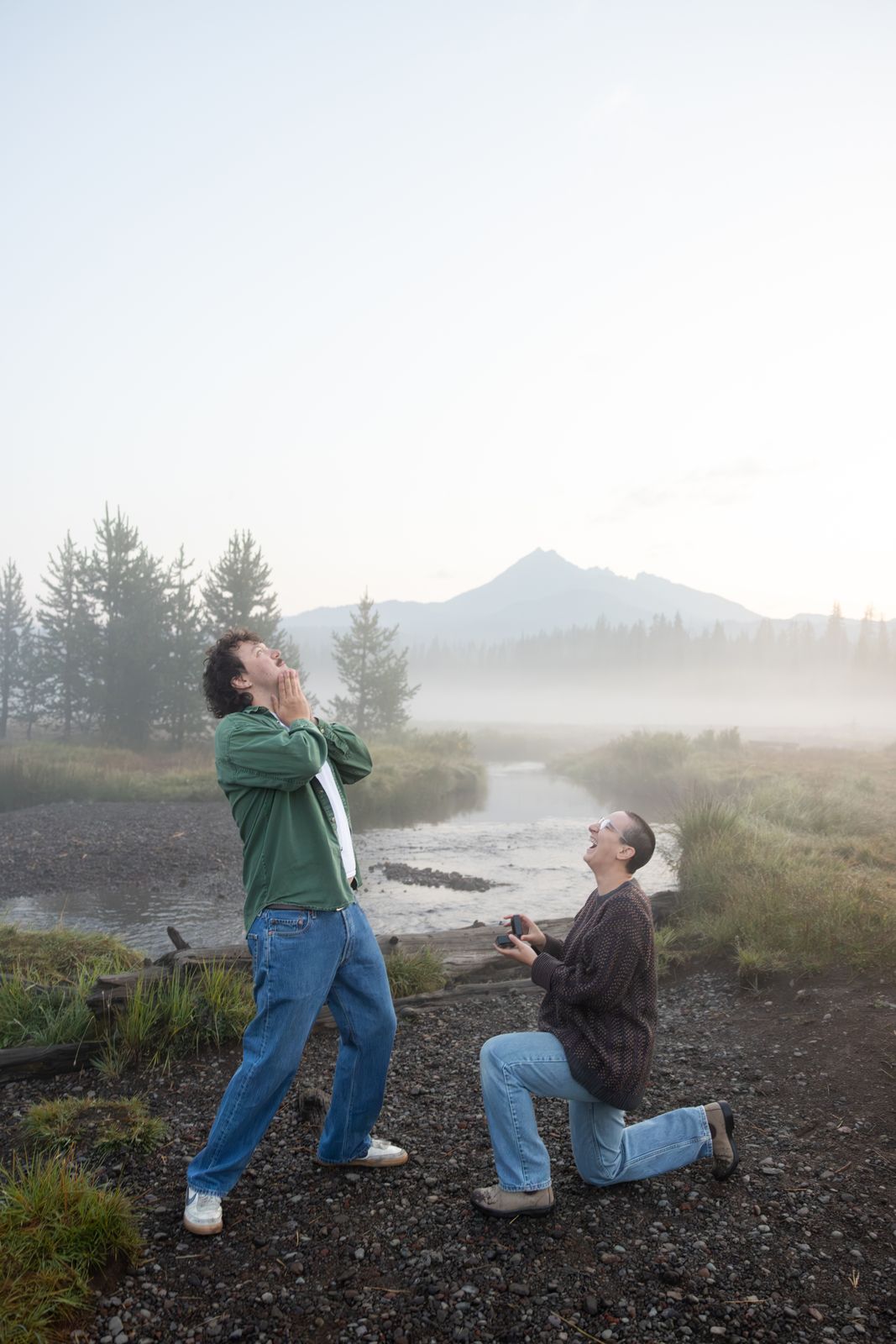 Second proposal at sunrise during a Sparks Lake engagement session in Central Oregon