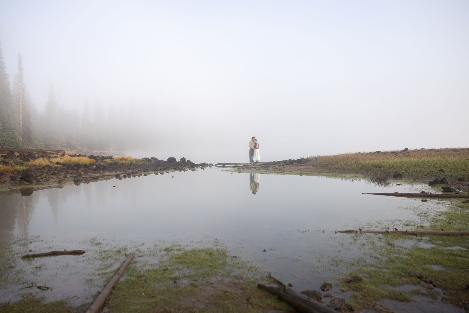 Sparks Lake completely fogged in at sunrise with the mountains invisible